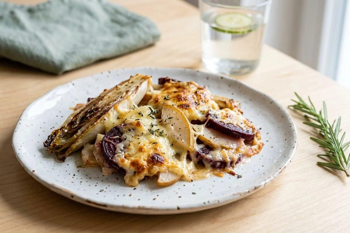 Chicorée-Auflauf mit Rote Bete, Birne und Gruyère