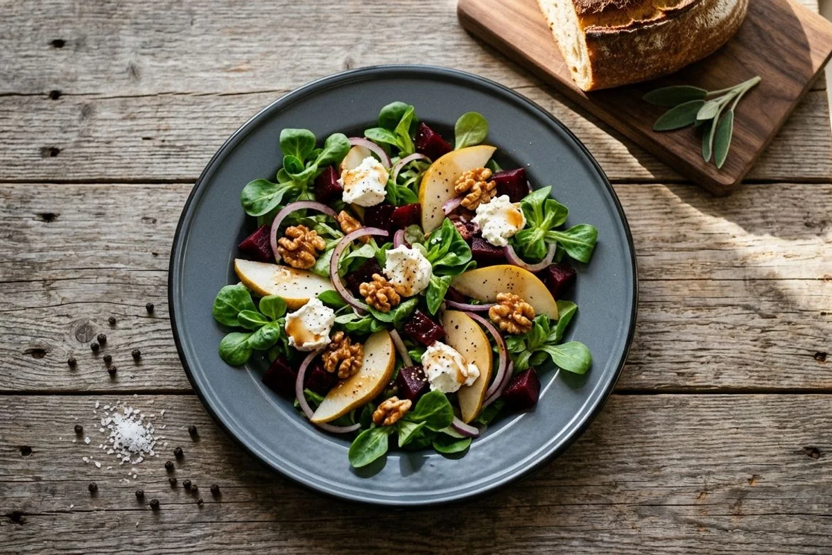 Festlicher Feldsalat mit Rote Bete, Birne und Ziegenkäse