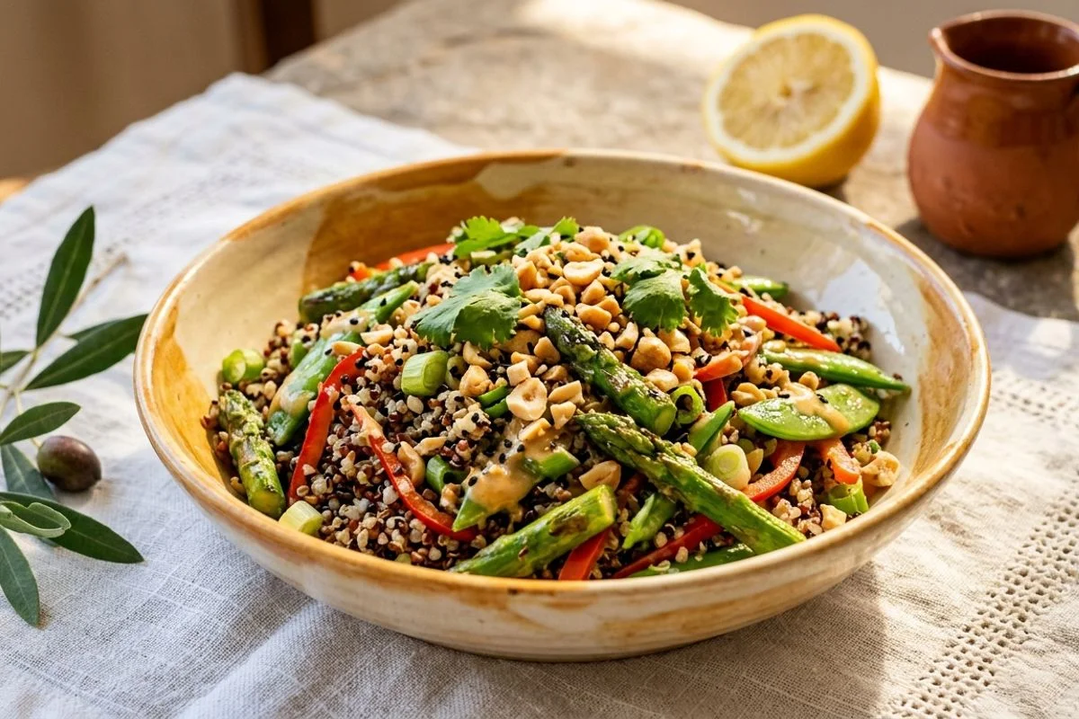 Grüner Spargel-Quinoa-Salat mit Erdnuss-Ingwer-Dressing