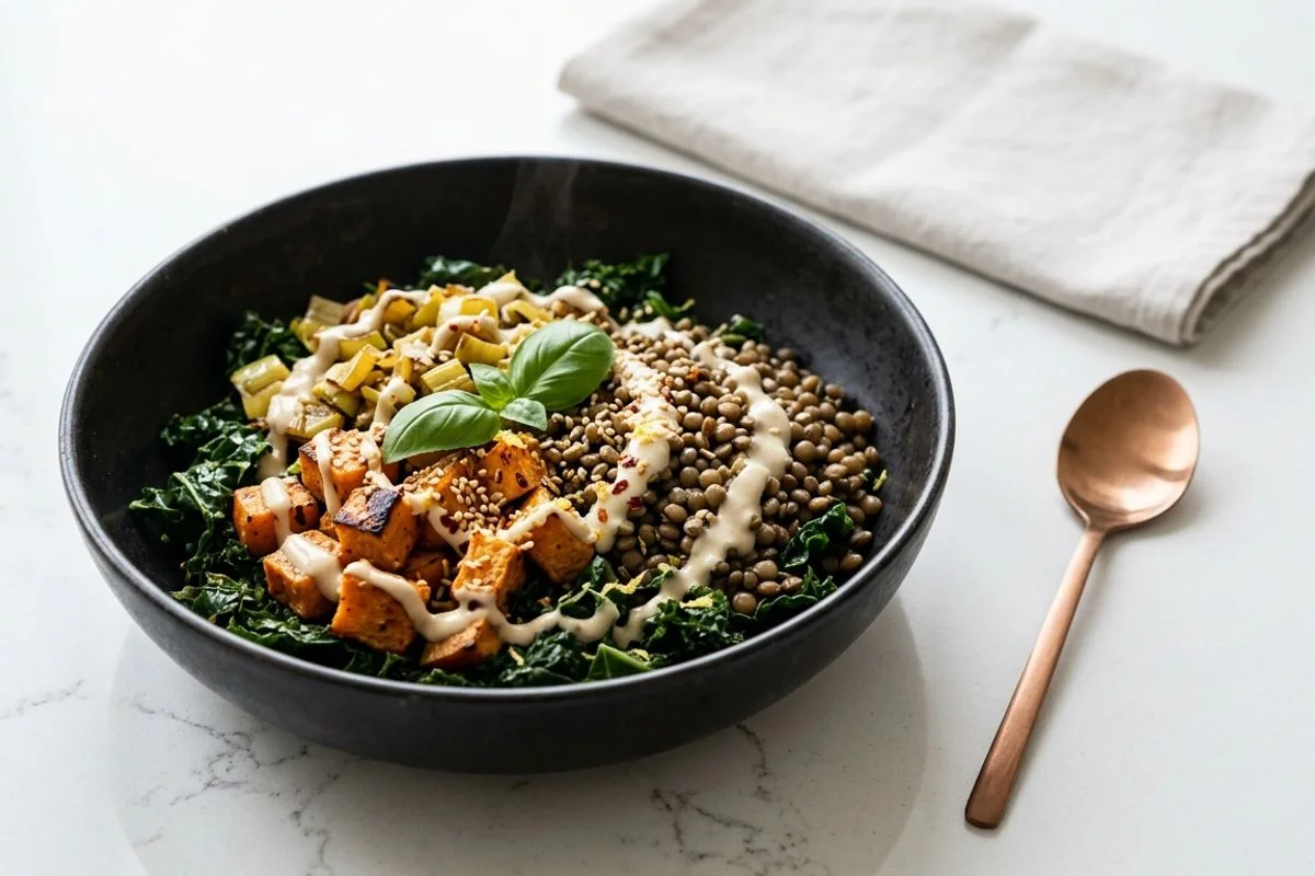 Grünkohl-Power-Bowl mit Süßkartoffel und Tahini-Sauce
