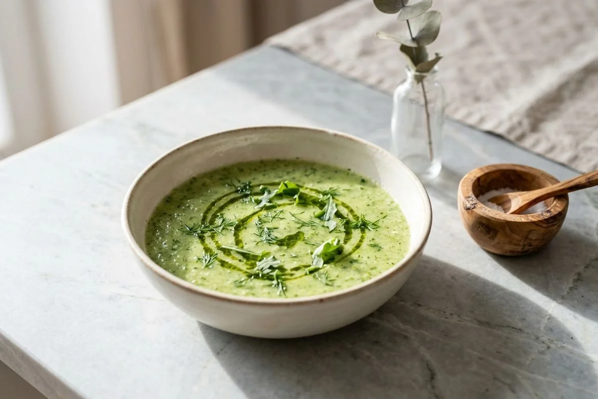 Gekühlte Gurken-Gazpacho mit Dill und Rucola-Öl