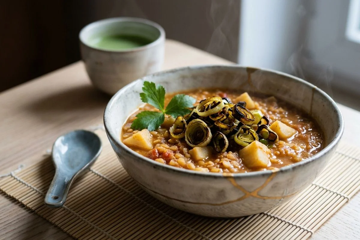 Herzhafter Pastinaken-Linsen-Eintopf mit geröstetem Lauch