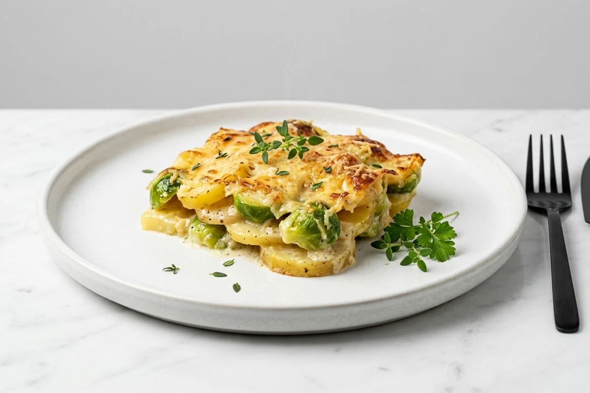 Würziges Rosenkohl-Kartoffel-Gratin mit Bergkäse