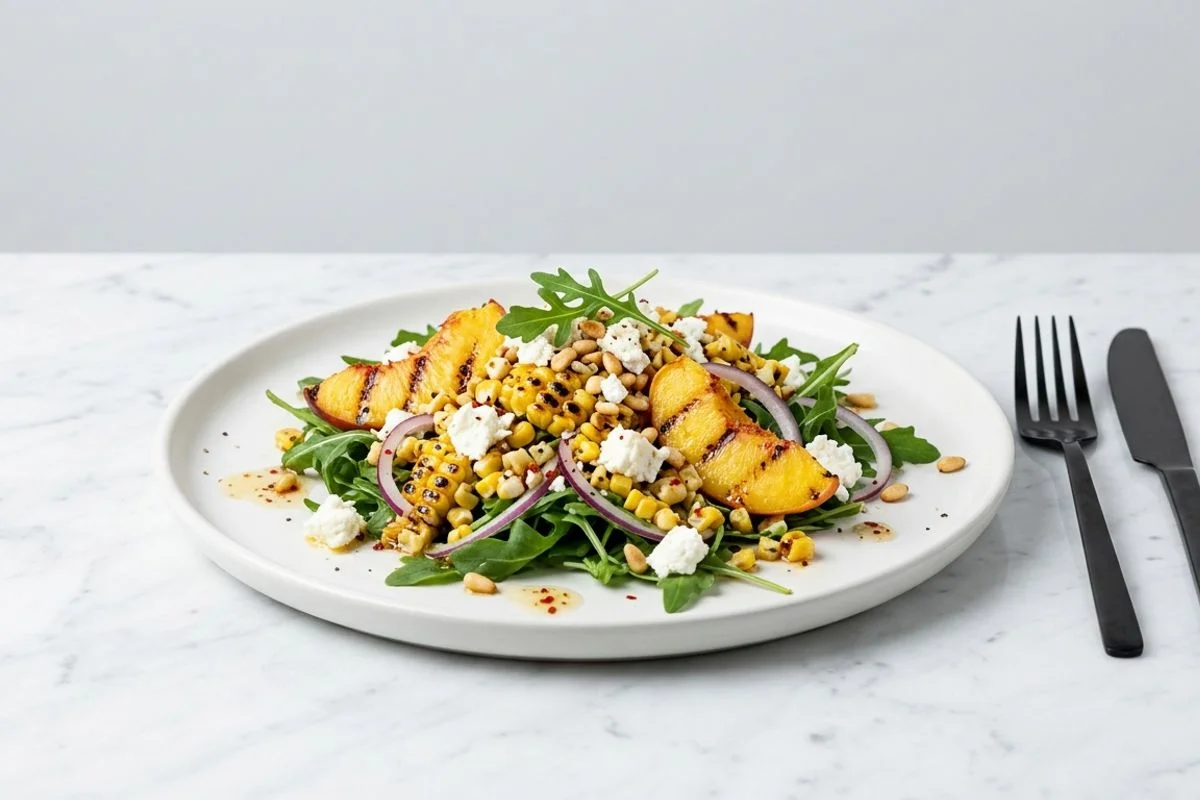 Sommersalat mit gegrilltem Mais, Pfirsich und Feta