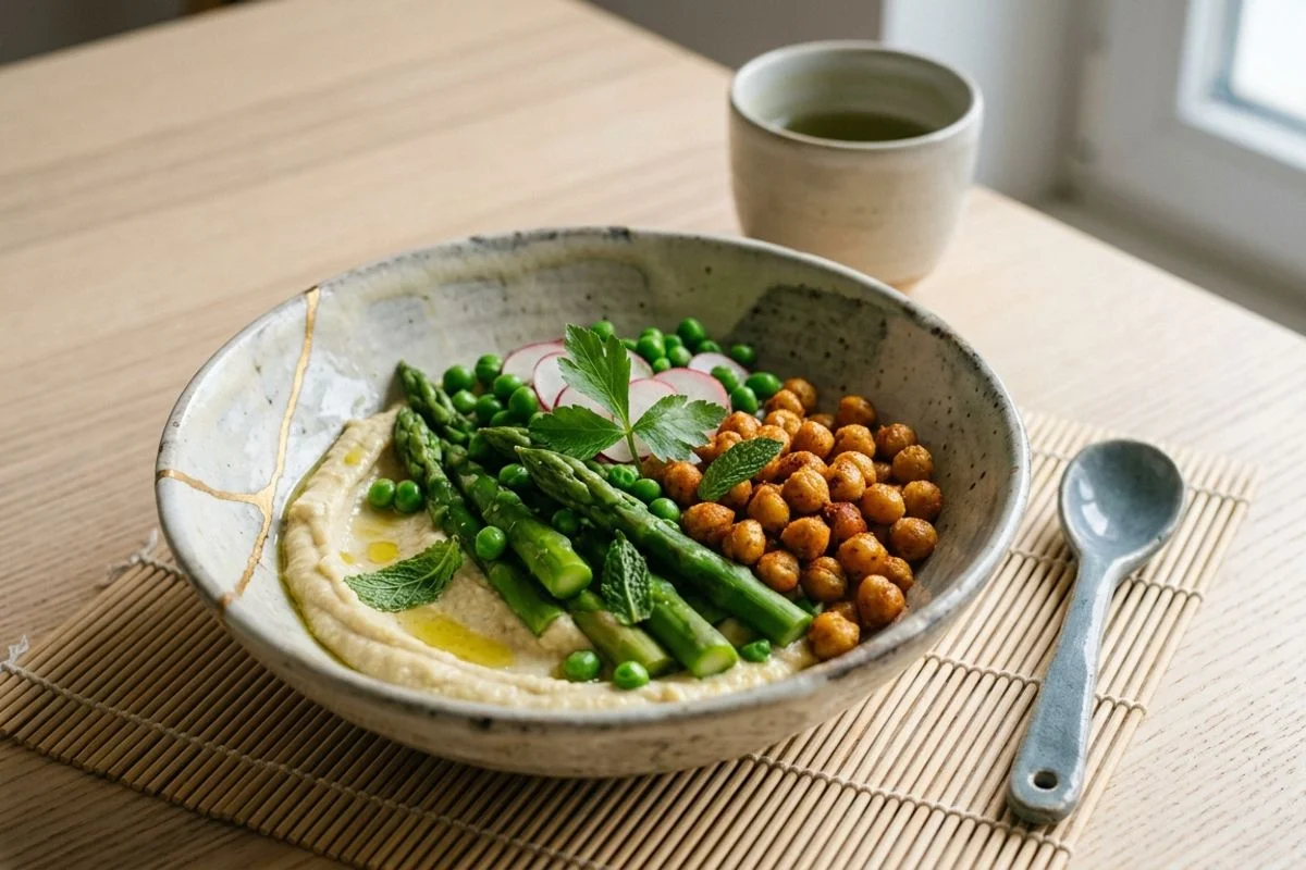 Spargel-Erbsen-Bowl mit Zitronenhummus und knusprigen Kichererbsen
