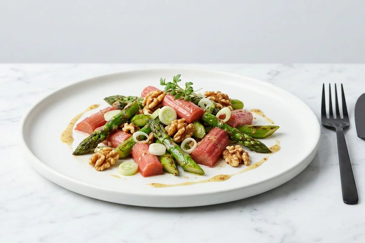 Lauwarmer Spargel-Rhabarber-Salat mit Senfdressing