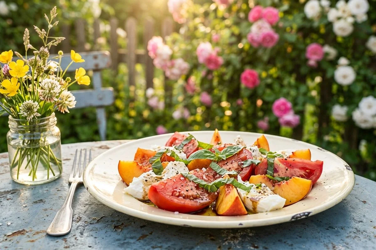 Tomaten-Mozzarella mit Pfirsich und Honig-Balsamico